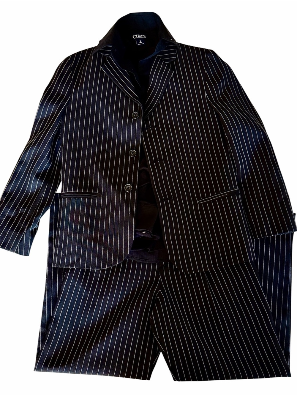 George Black Pinstripe Boys 2 Piece Suit With Black Caps Button Up Sz 7